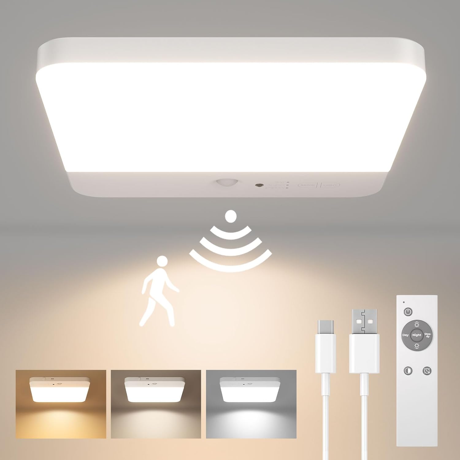 FULEN Motion Sensor Ceiling Light Fixture, Cordless Closet Light Battery Operated, Rechargeable Magnetic Mount LED Shower Light for Bathroom,Stairs,Garage,Hallway,3 Color Temperatures,Remote Control